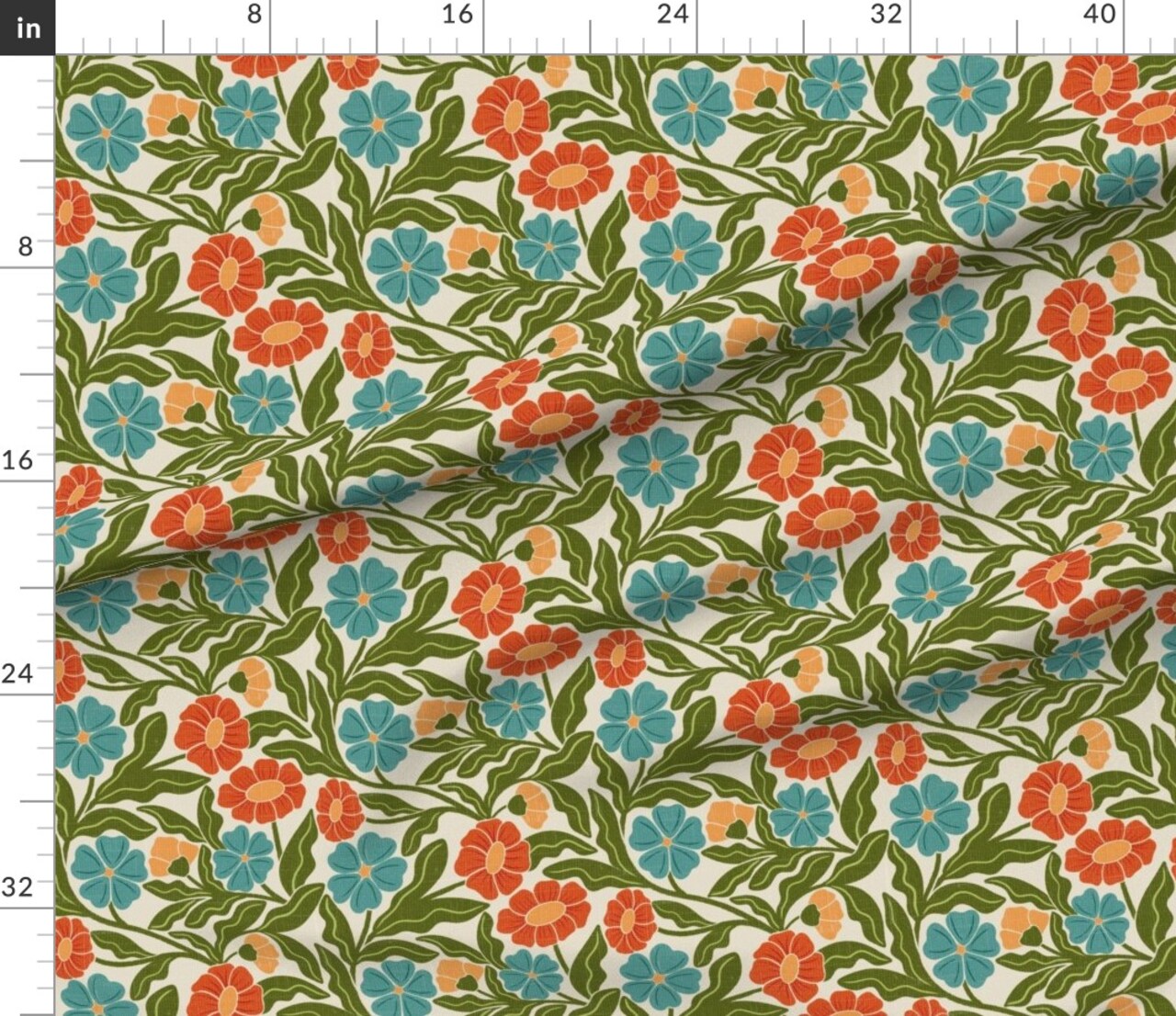 Retro Bohemian Botanical Trailing Vine Muted Green Blue Orange Flowers Custom Printed Fabric by Spoonflower Various Fabrics by the Yard or Fat Quarter